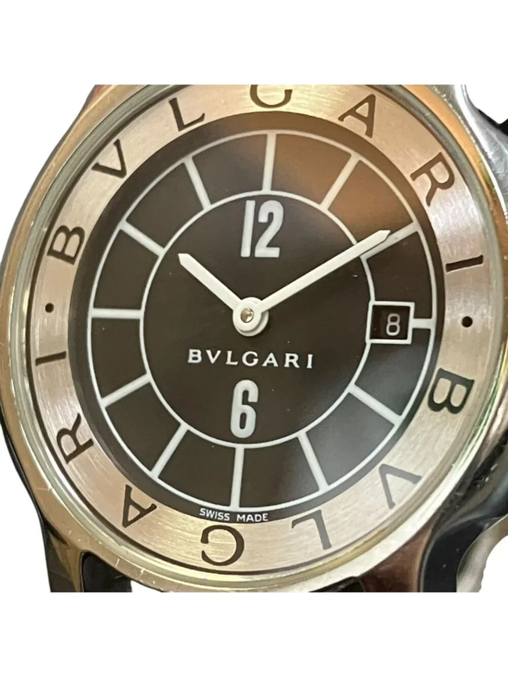 Bvlgari Solo Tempo Watch SS Leather Quartz Black Dial